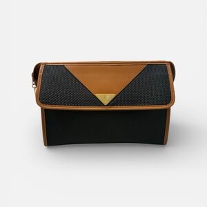Vintage Yves Saint Laurent woven flap clutch bag in black PVC & brown leather